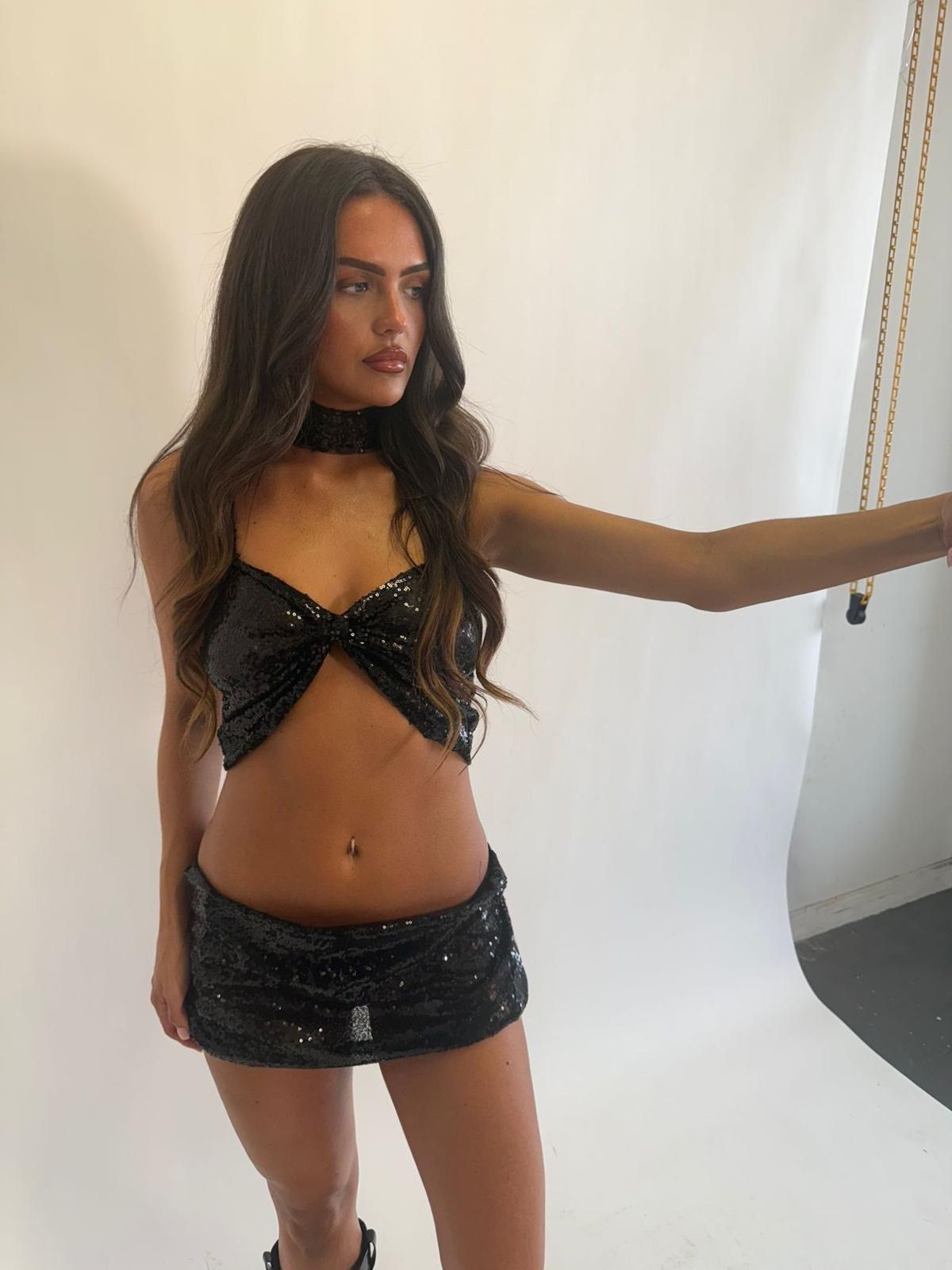 Black sequin bow top